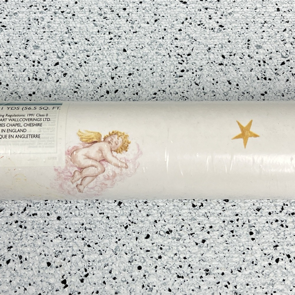VTG 90s Fine Decor Ready Pasted Vinyl Wallpaper Covering Celestial Cherub Star